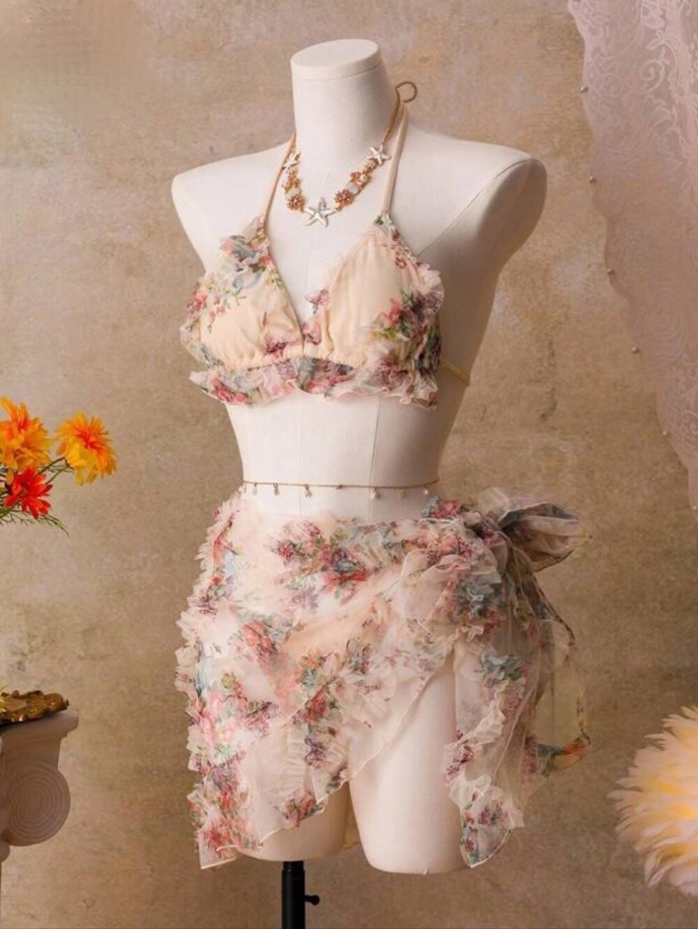 New! Dreamy Floral  3 Peice Bikini Set with Wrap Skirt
